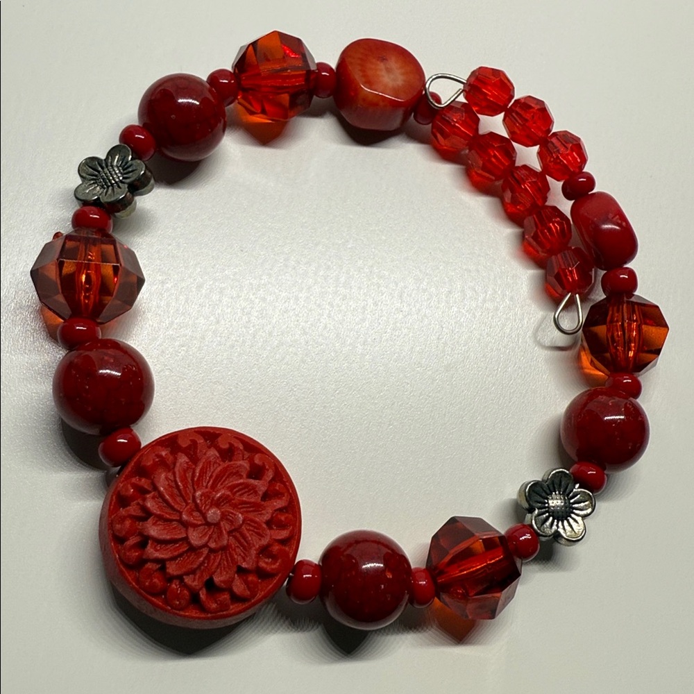Red Beaded stretch wire faux cinnebar Bracelet